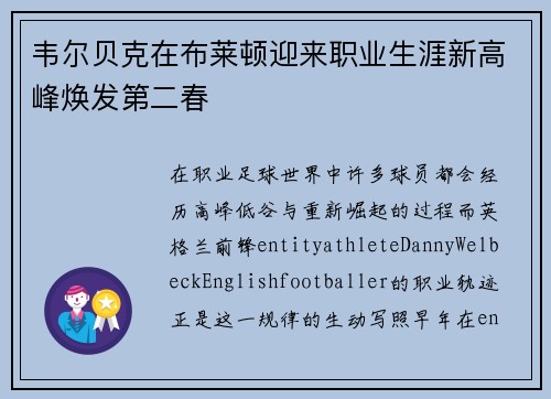 韦尔贝克在布莱顿迎来职业生涯新高峰焕发第二春