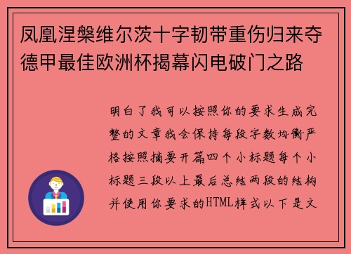 凤凰涅槃维尔茨十字韧带重伤归来夺德甲最佳欧洲杯揭幕闪电破门之路